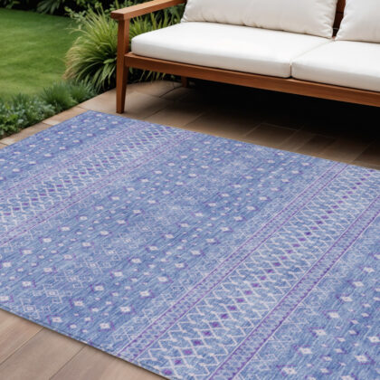 10' X 14' Sky Blue Purple And Ivory Tribal Washable Indoor Outdoor Area Rug