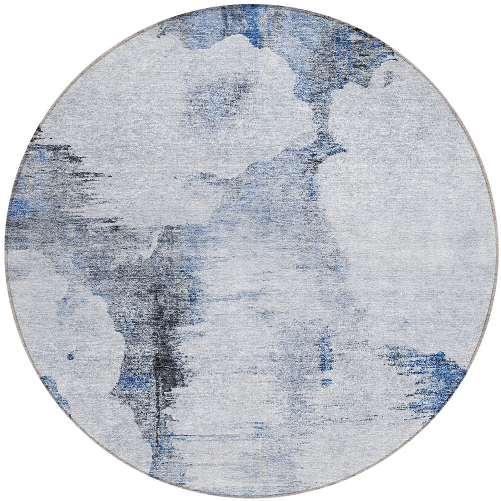 8' Navy Blue And Ivory Round Abstract Washable Indoor Outdoor Area Rug