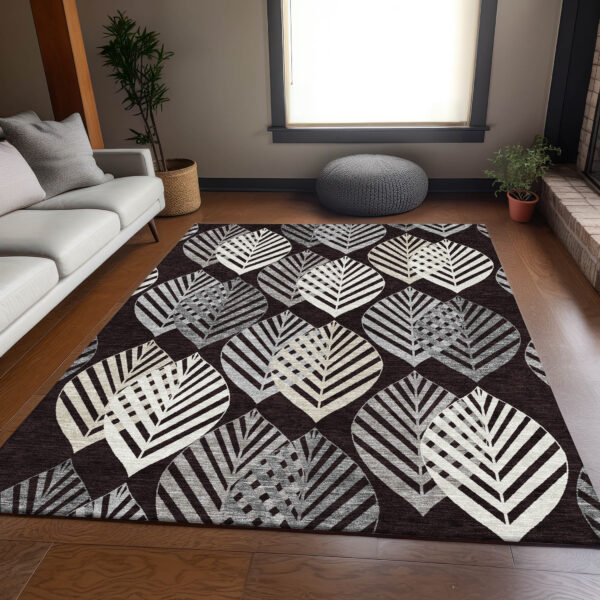 8' X 10' Black Silver And Charcoal Floral Washable Indoor Outdoor Area Rug