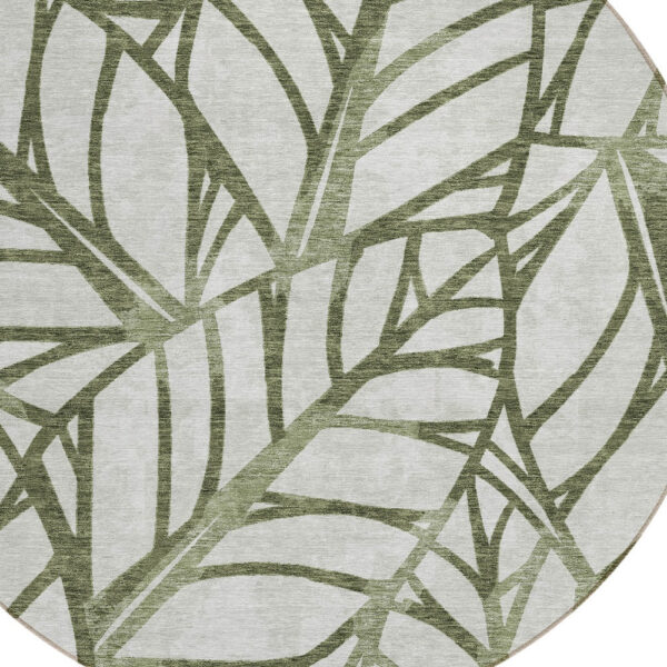 8' Olive Green And Beige Round Floral Washable Indoor Outdoor Area Rug