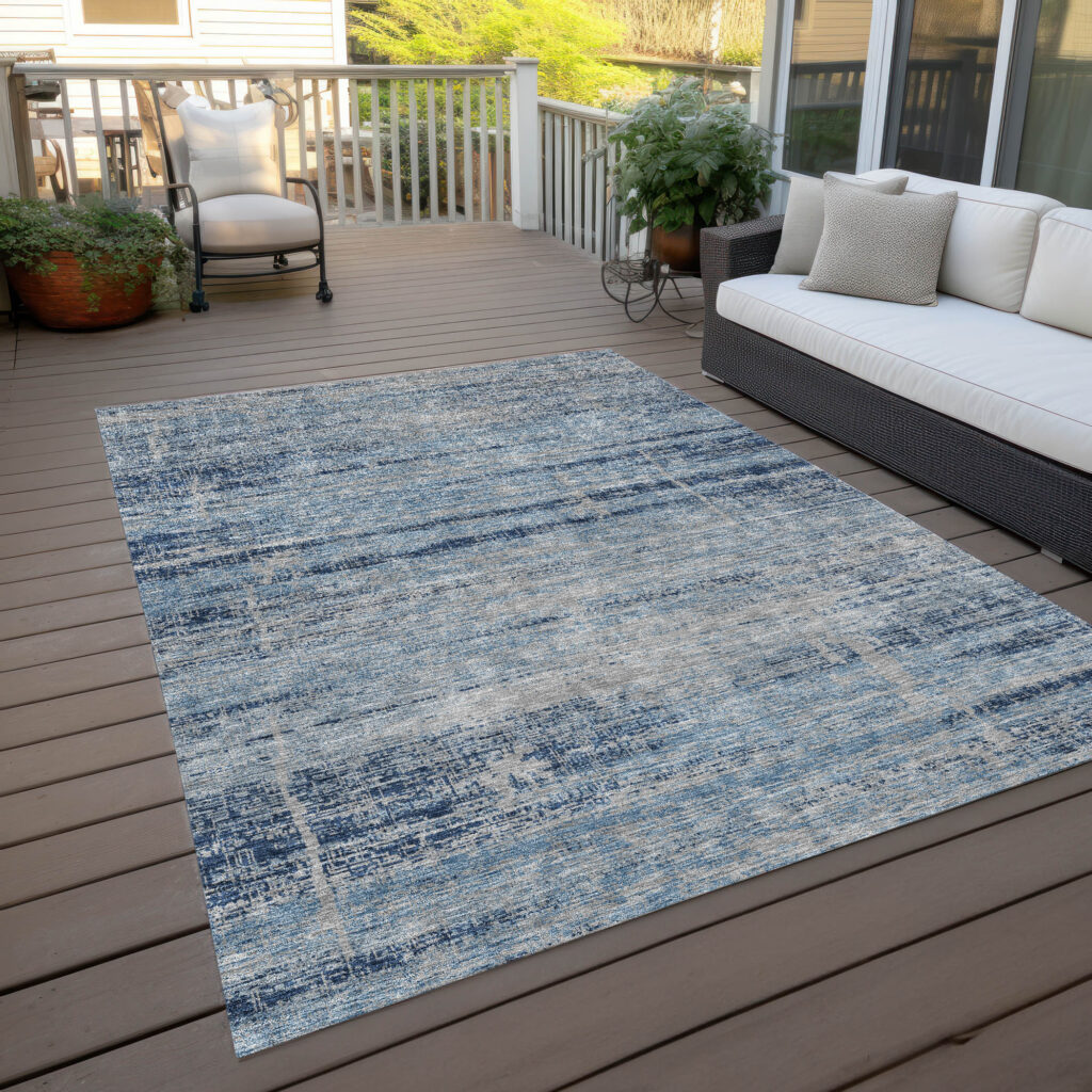 9' X 12' Sky Blue And Navy Blue Abstract Washable Indoor Outdoor Area Rug