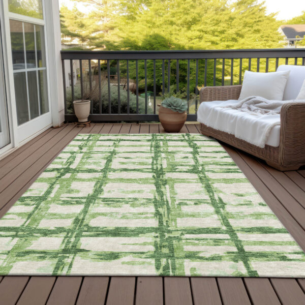 3' X 5' Artichoke Green And Emerald Striped Washable Indoor Outdoor Area Rug