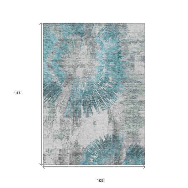 9' X 12' Teal Blue Aqua And Gray Abstract Washable Indoor Outdoor Area Rug