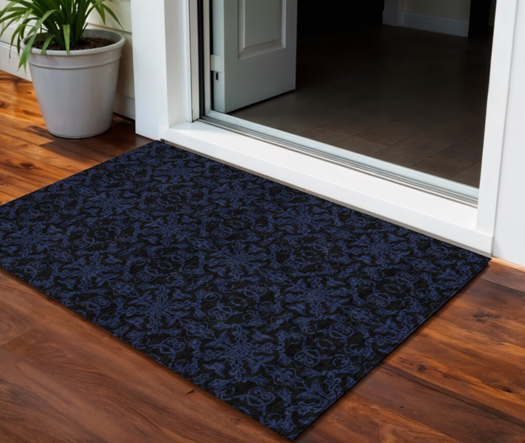 3' X 5' Blue And Navy Blue Medallion Washable Indoor Outdoor Area Rug