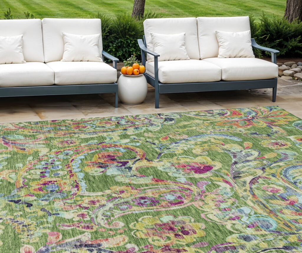 10' X 14' Fern Green And Artichoke Green Paisley Washable Indoor Outdoor Area Rug