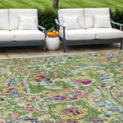 10' X 14' Fern Green And Artichoke Green Paisley Washable Indoor Outdoor Area Rug