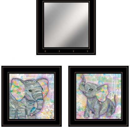 Set Of Three Whimsical Pastel Elephant  Black Framed Print Wall Art with Mirror