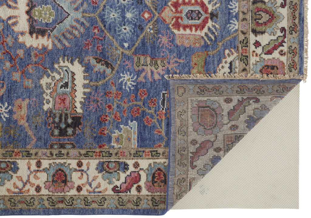 9' X 12' Blue And Red Wool Floral Hand Knotted Stain Resistant Area Rug