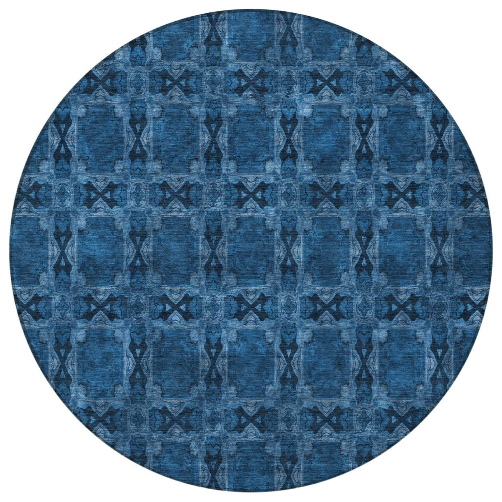 8' Round Navy and Gray Round Floral Medallion Washable Non Skid Indoor Outdoor Area Rug