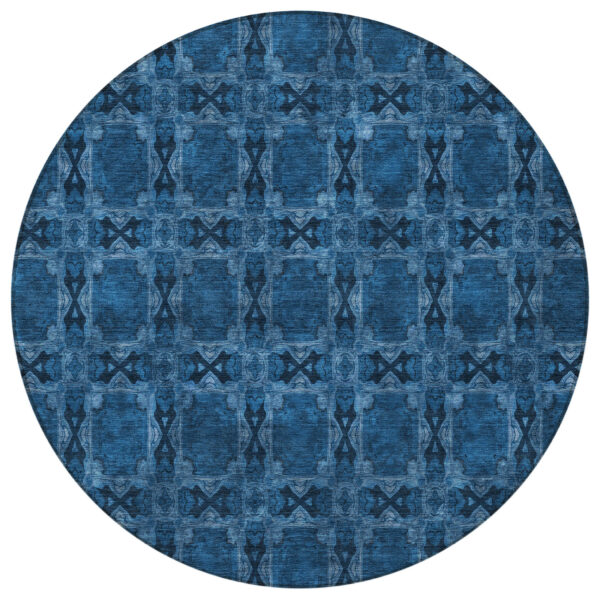 8' Round Navy and Gray Round Floral Medallion Washable Non Skid Indoor Outdoor Area Rug
