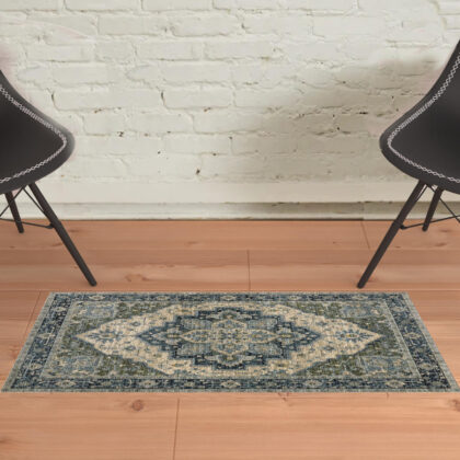 2' X 3' Blue Grey Beige Tan Green And Gold Oriental Power Loom Stain Resistant Area Rug With Fringe