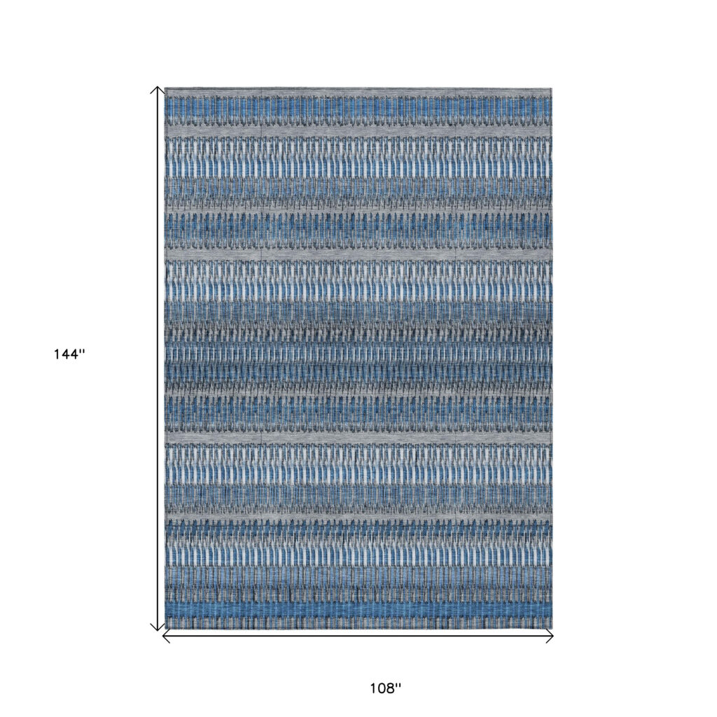 9' X 12' Denim Blue And Ivory Striped Washable Indoor Outdoor Area Rug