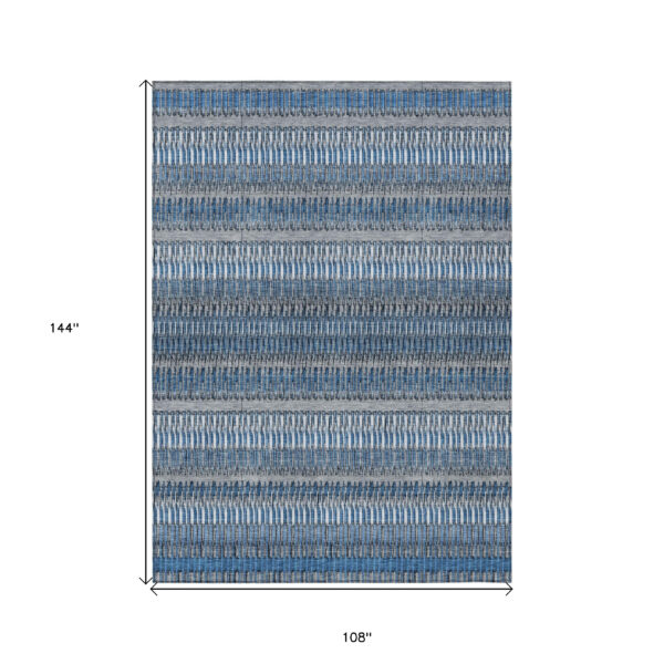 9' X 12' Denim Blue And Ivory Striped Washable Indoor Outdoor Area Rug