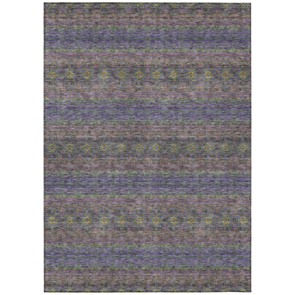 5' X 8' Purple Plum And Gold Floral Medallion Washable Indoor Outdoor Area Rug