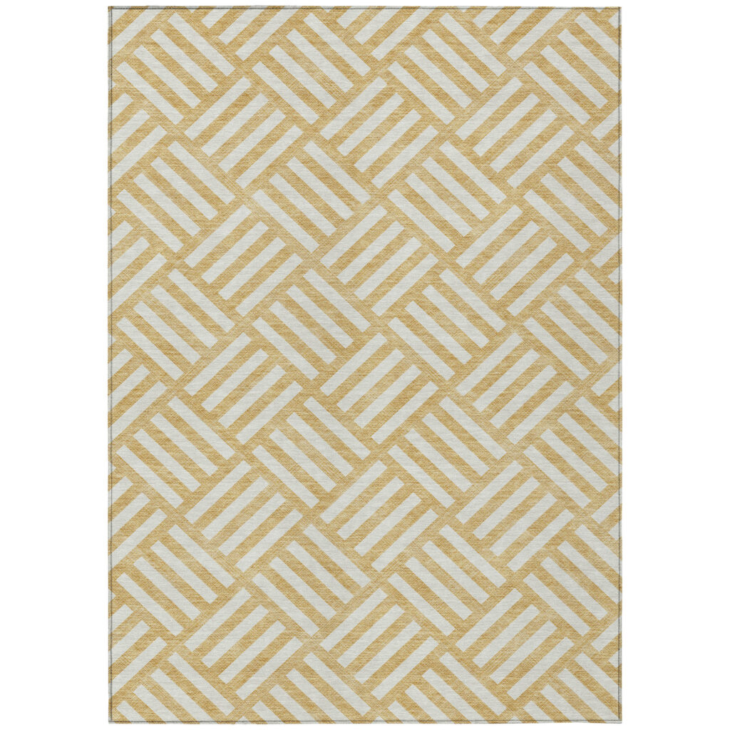 3' X 5' Gold And Ivory Geometric Washable Indoor Outdoor Area Rug