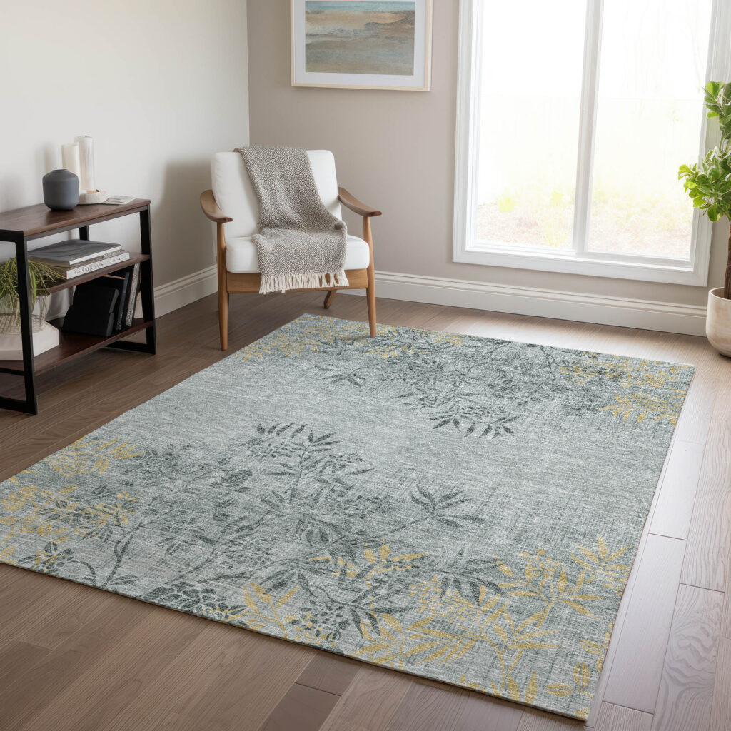 9' X 12' Gray Charcoal And Gold Floral Washable Indoor Outdoor Area Rug