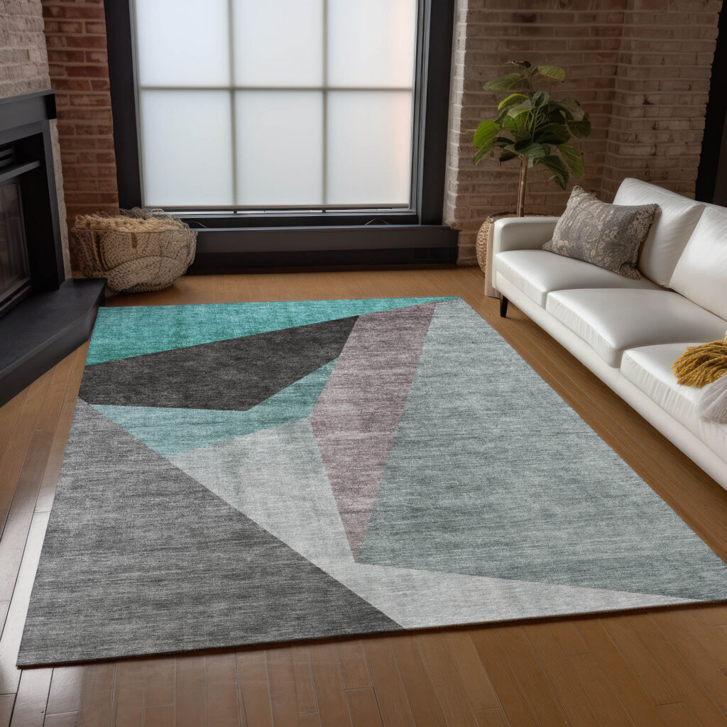 10' X 14' Teal Blue Aqua And Charcoal Abstract Washable Indoor Outdoor Area Rug