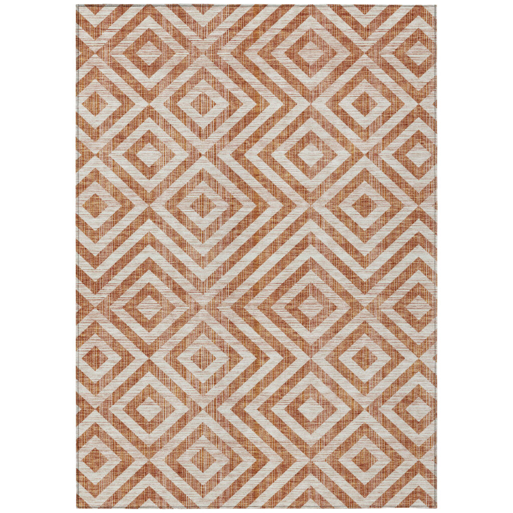 9' X 12' Terra Cotta Copper And Beige Geometric Washable Indoor Outdoor Area Rug