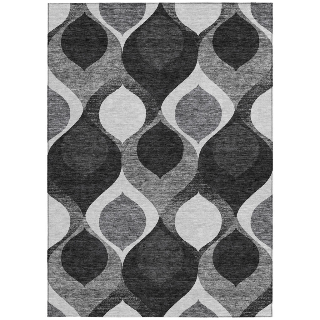 8' X 10' Black Silver And Charcoal Ogee Washable Indoor Outdoor Area Rug
