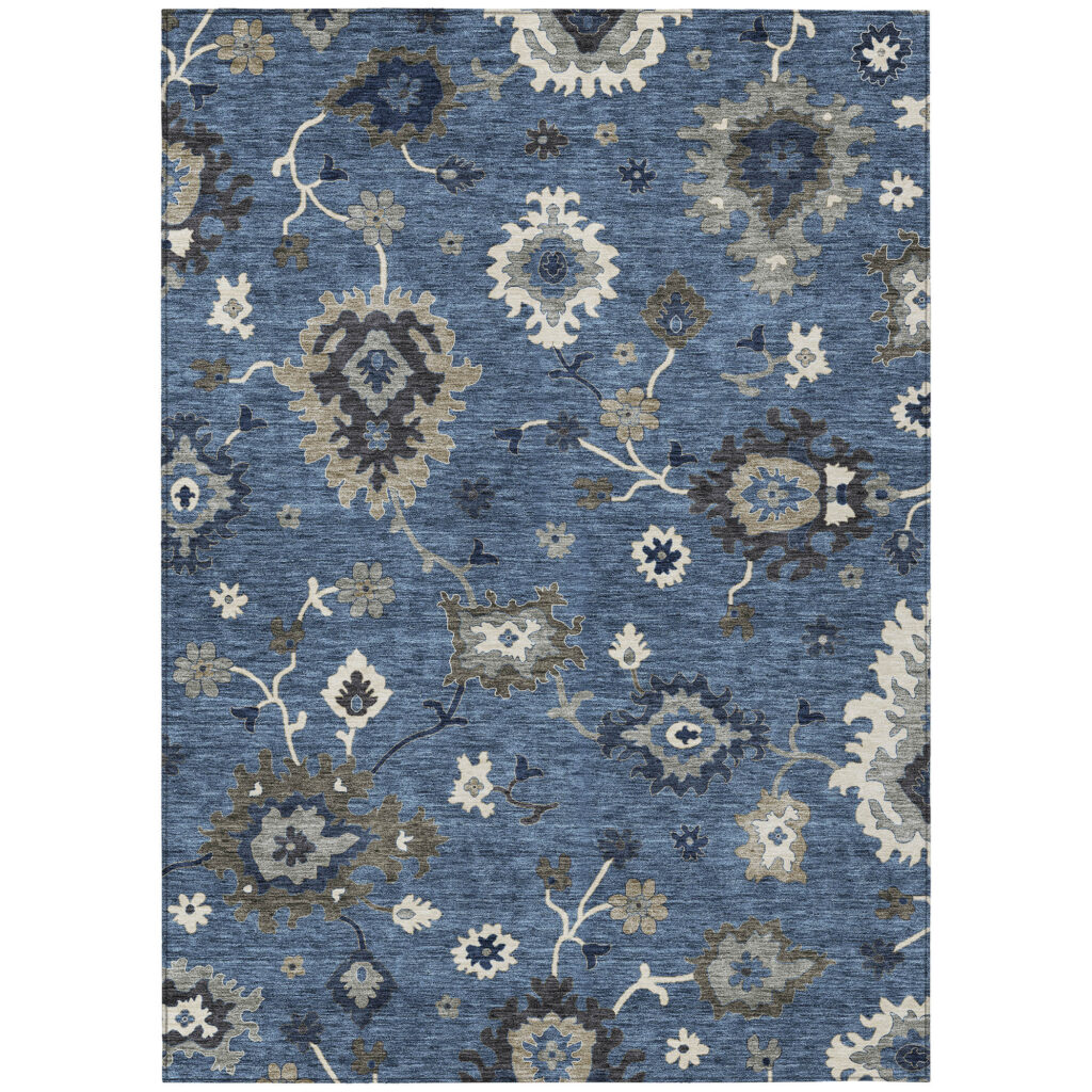 8' X 10' Blue Gray And White Floral Washable Indoor Outdoor Area Rug
