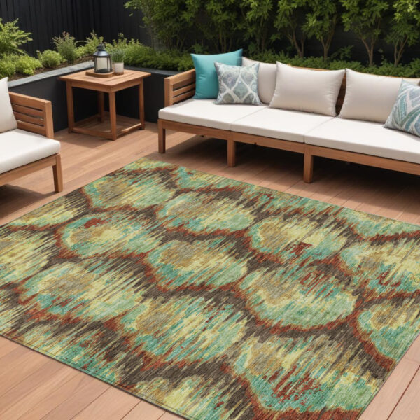 8' X 10' Brown Gold And Teal Blue Abstract Washable Indoor Outdoor Area Rug