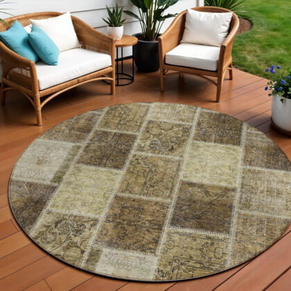8' Brown Beige And Taupe Round Patchwork Washable Indoor Outdoor Area Rug