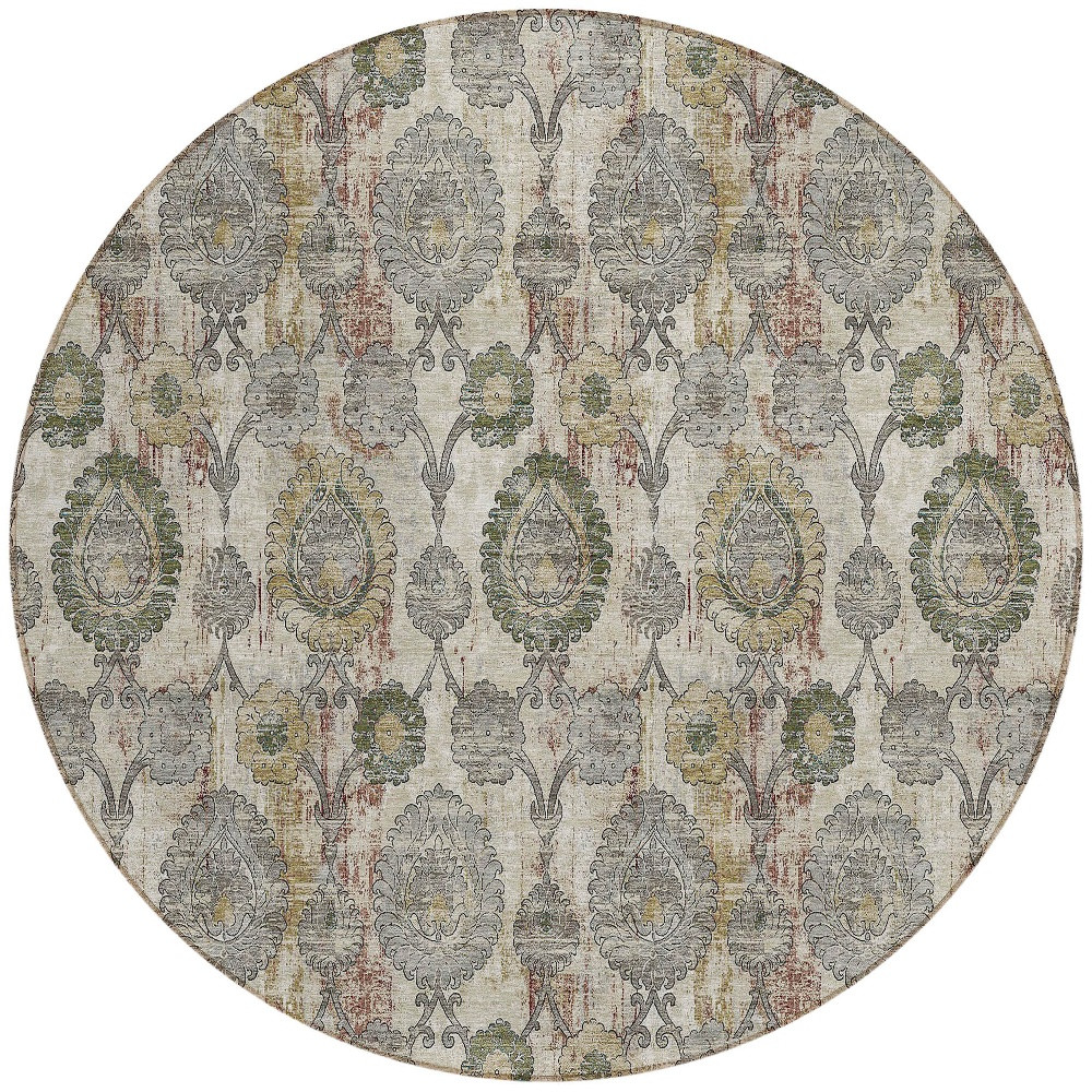 8' Beige Taupe And Green Round Damask Washable Indoor Outdoor Area Rug