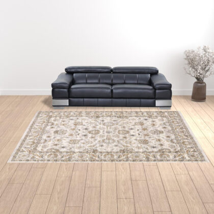 10' X 13' Ivory And Grey Oriental Power Loom Stain Resistant Area Rug With Fringe