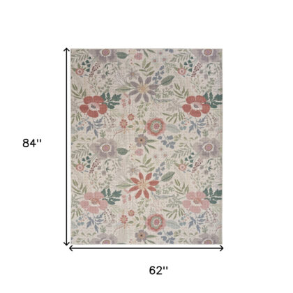 5' x 7' Ivory Green and Red Floral Power Loom Washable Non Skid Area Rug