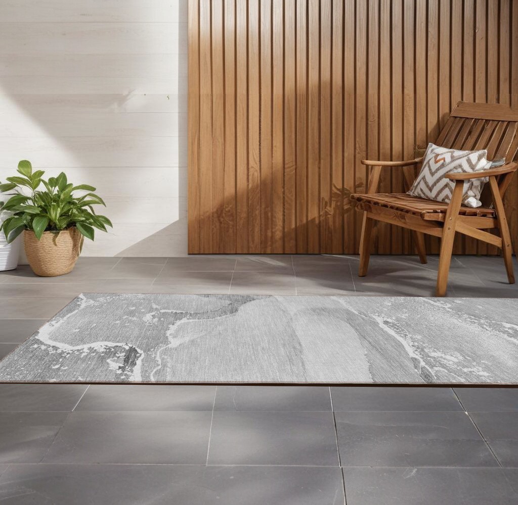2' X 8' Gray Abstract Washable Indoor Outdoor Runner Rug
