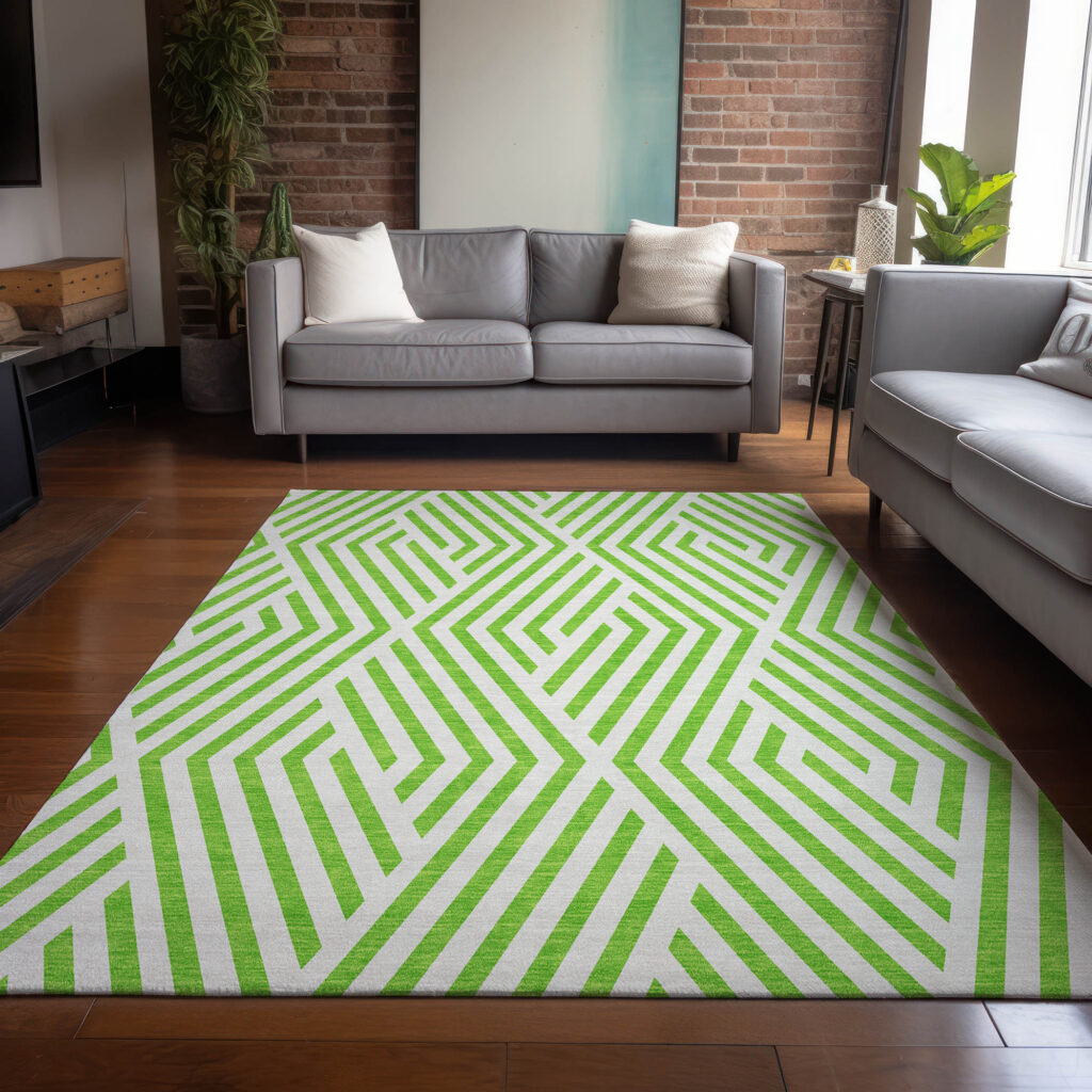8' X 10' Lime Green and White Geometric Washable Non Skid Indoor Outdoor Area Rug