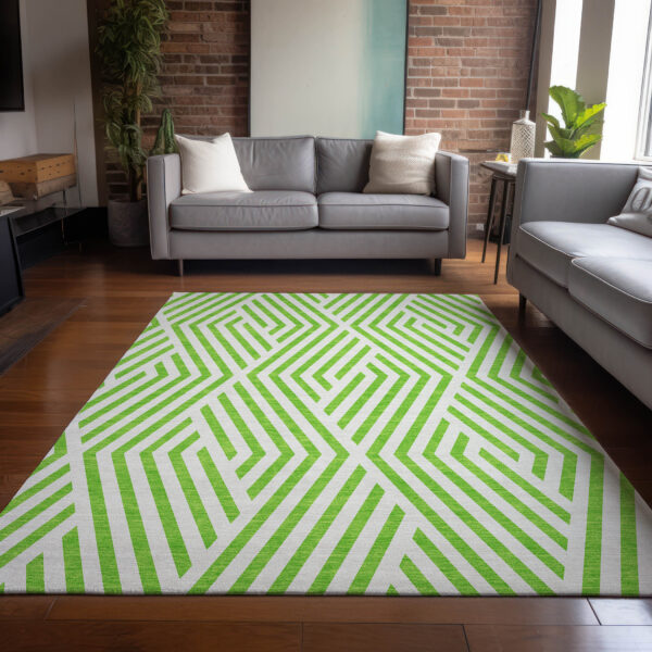 8' X 10' Lime Green and White Geometric Washable Non Skid Indoor Outdoor Area Rug