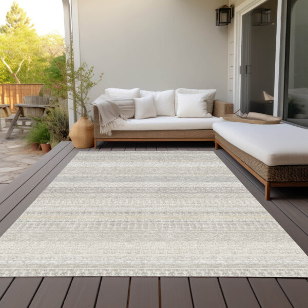 9' X 12' Ivory Striped Washable Indoor Outdoor Area Rug