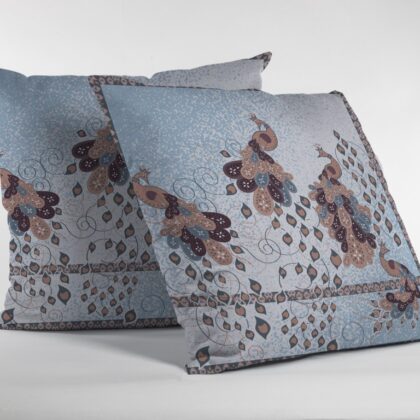 18” Blue Brown Boho Bird Zippered Suede Throw Pillow