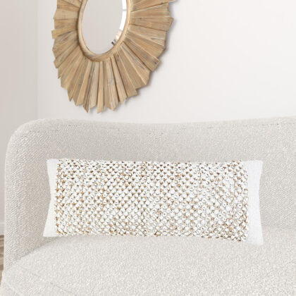 14" X 36" White And Tan 100% Cotton Abstract Zippered Pillow