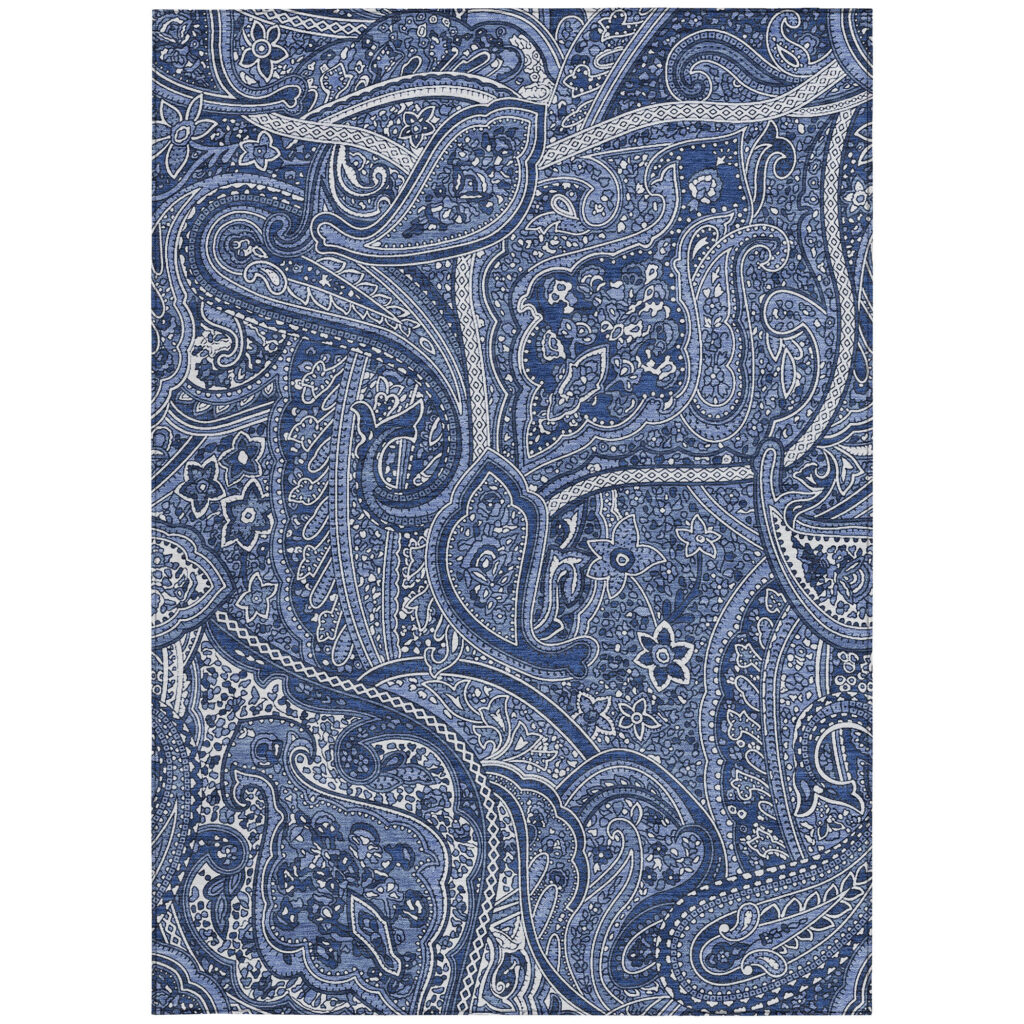 9' X 12' Navy Blue And Sky Blue Paisley Washable Indoor Outdoor Area Rug