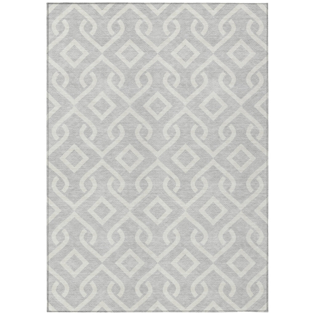 5' X 8' Silver And Ivory Geometric Washable Indoor Outdoor Area Rug