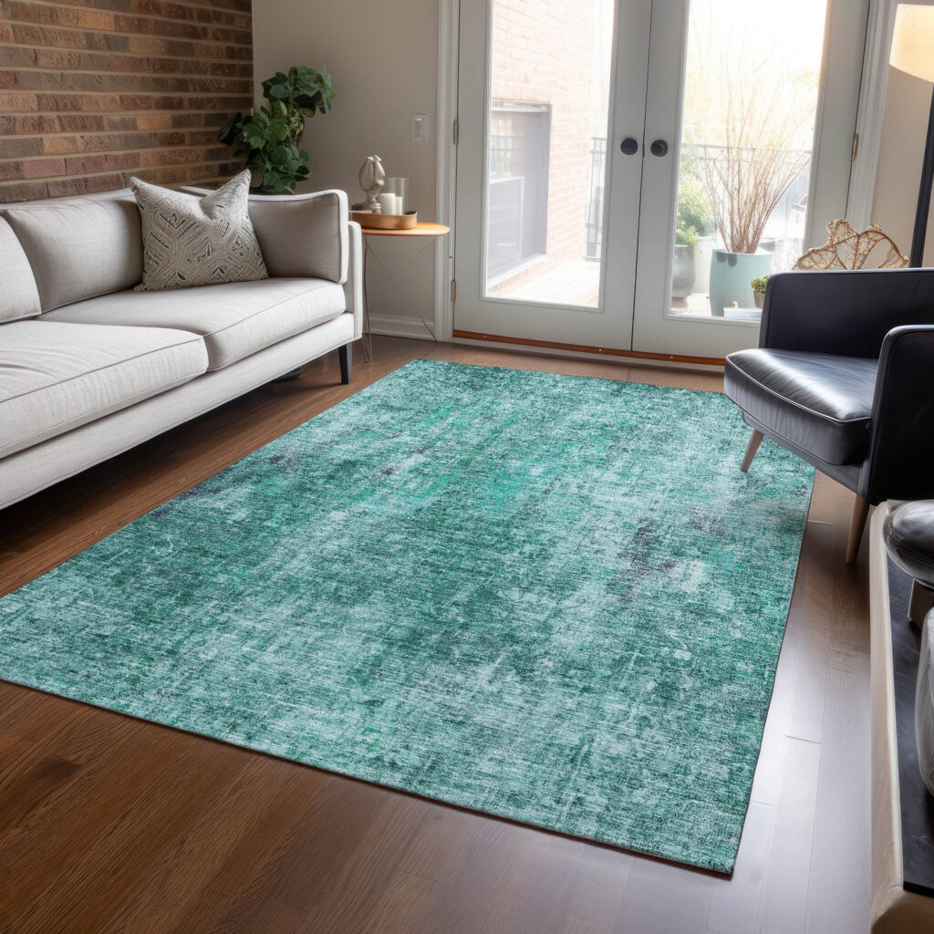 5' X 8' Teal Blue Green And Gray Abstract Washable Indoor Outdoor Area Rug