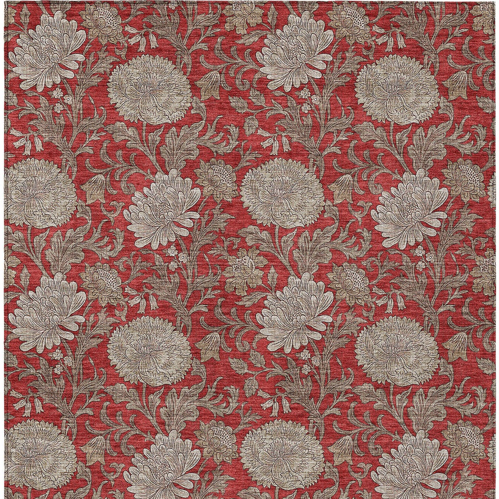 10' X 14' Red Taupe And Beige Floral Washable Indoor Outdoor Area Rug