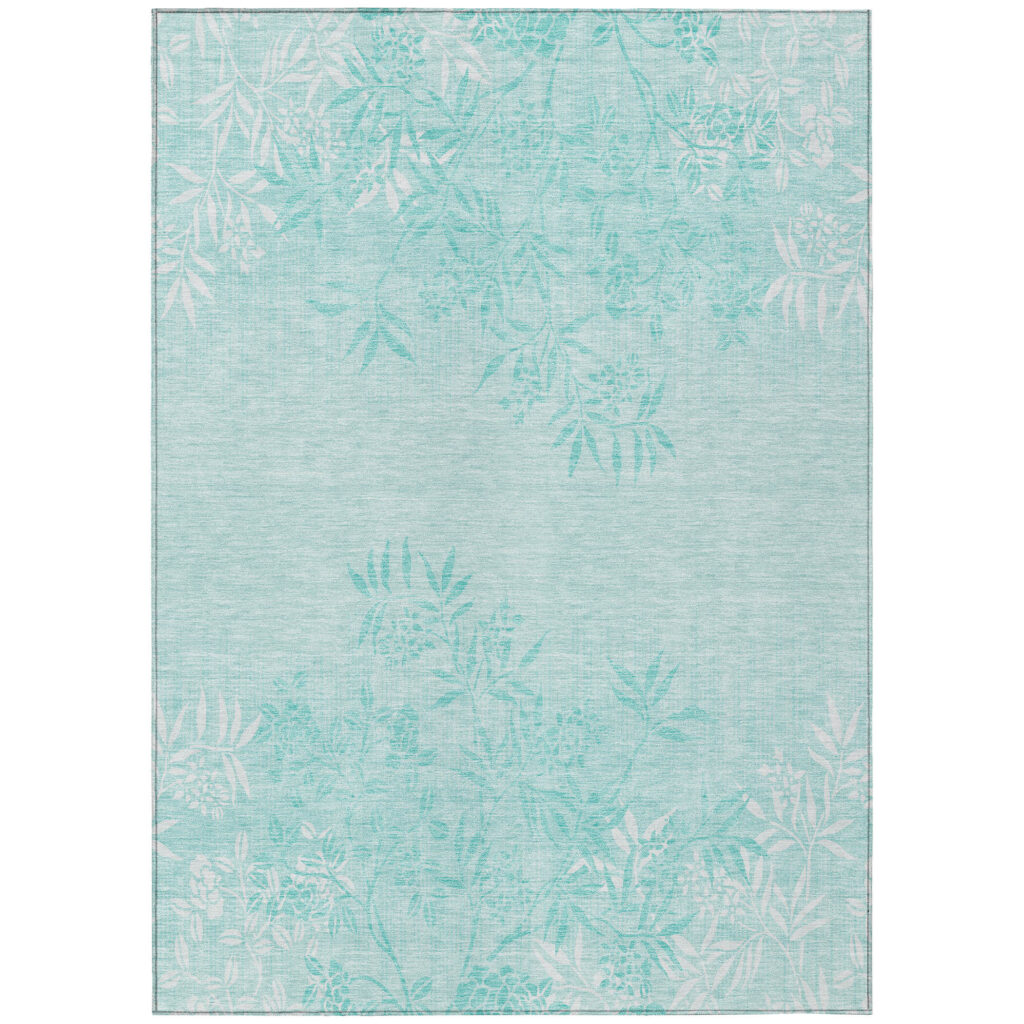 9' X 12' Teal Blue Aqua And Ivory Floral Washable Indoor Outdoor Area Rug