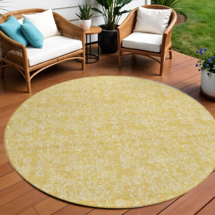 8' Gold And Ivory Round Floral Washable Indoor Outdoor Area Rug