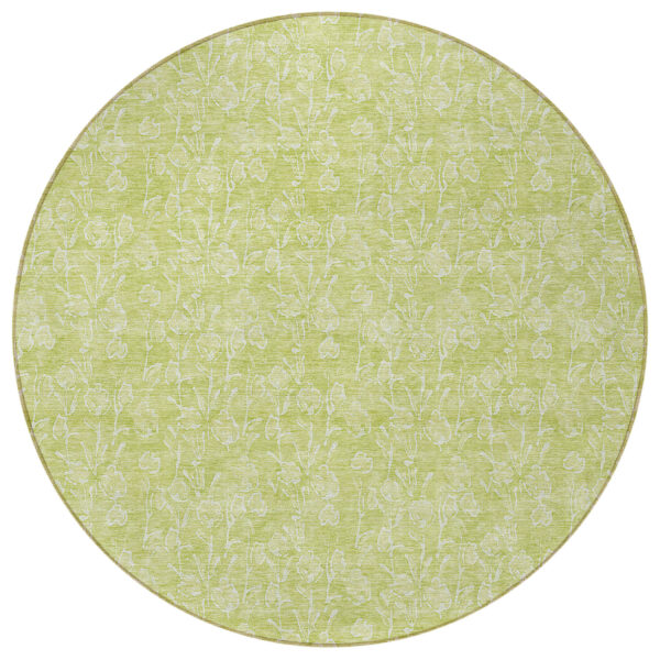 8' Artichoke Green And Ivory Round Floral Washable Indoor Outdoor Area Rug