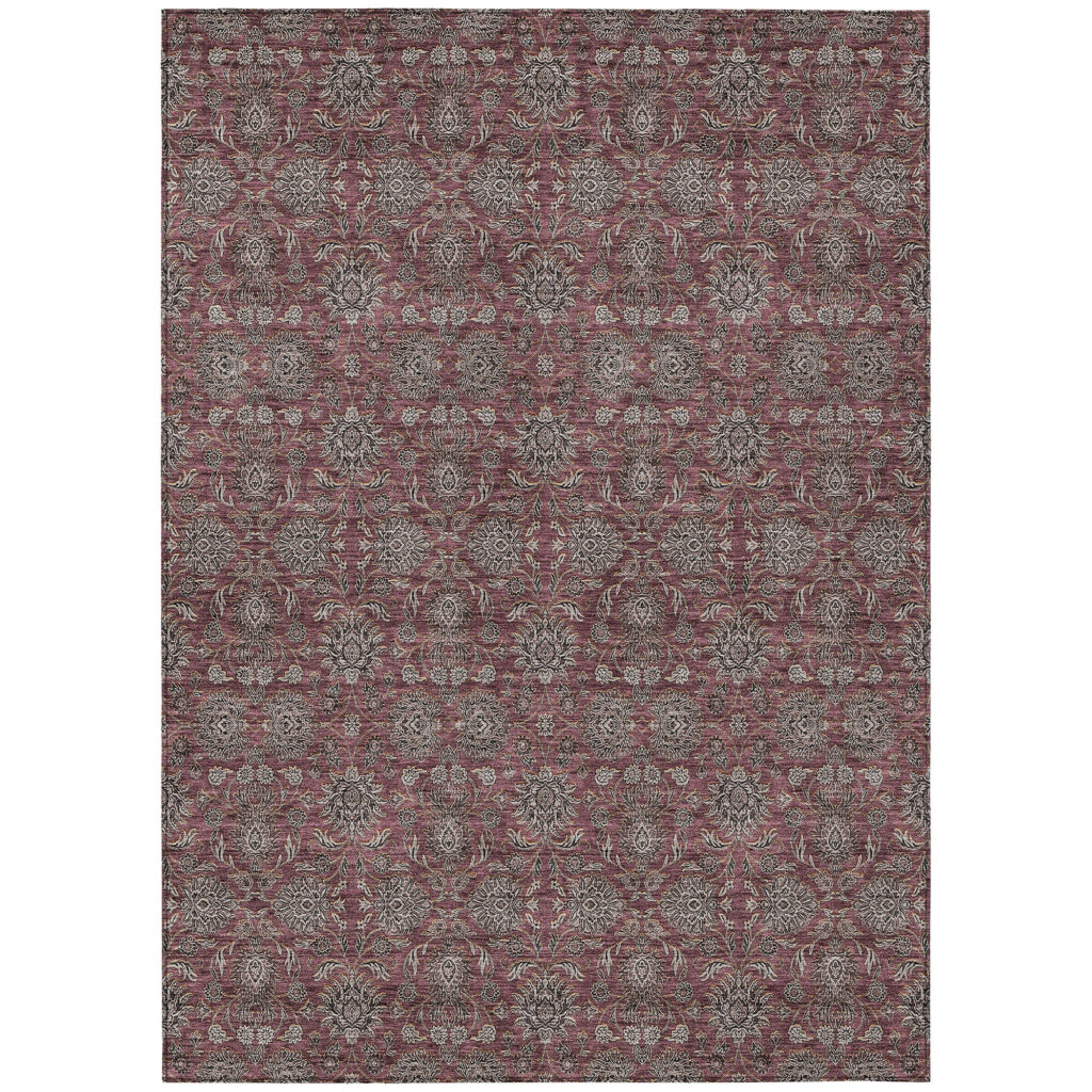 5' X 8' Merlot Gray And Taupe Floral Washable Indoor Outdoor Area Rug