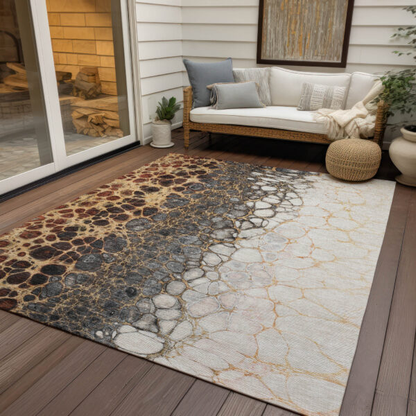 8' X 10' Ivory Gray And Gold Abstract Washable Indoor Outdoor Area Rug