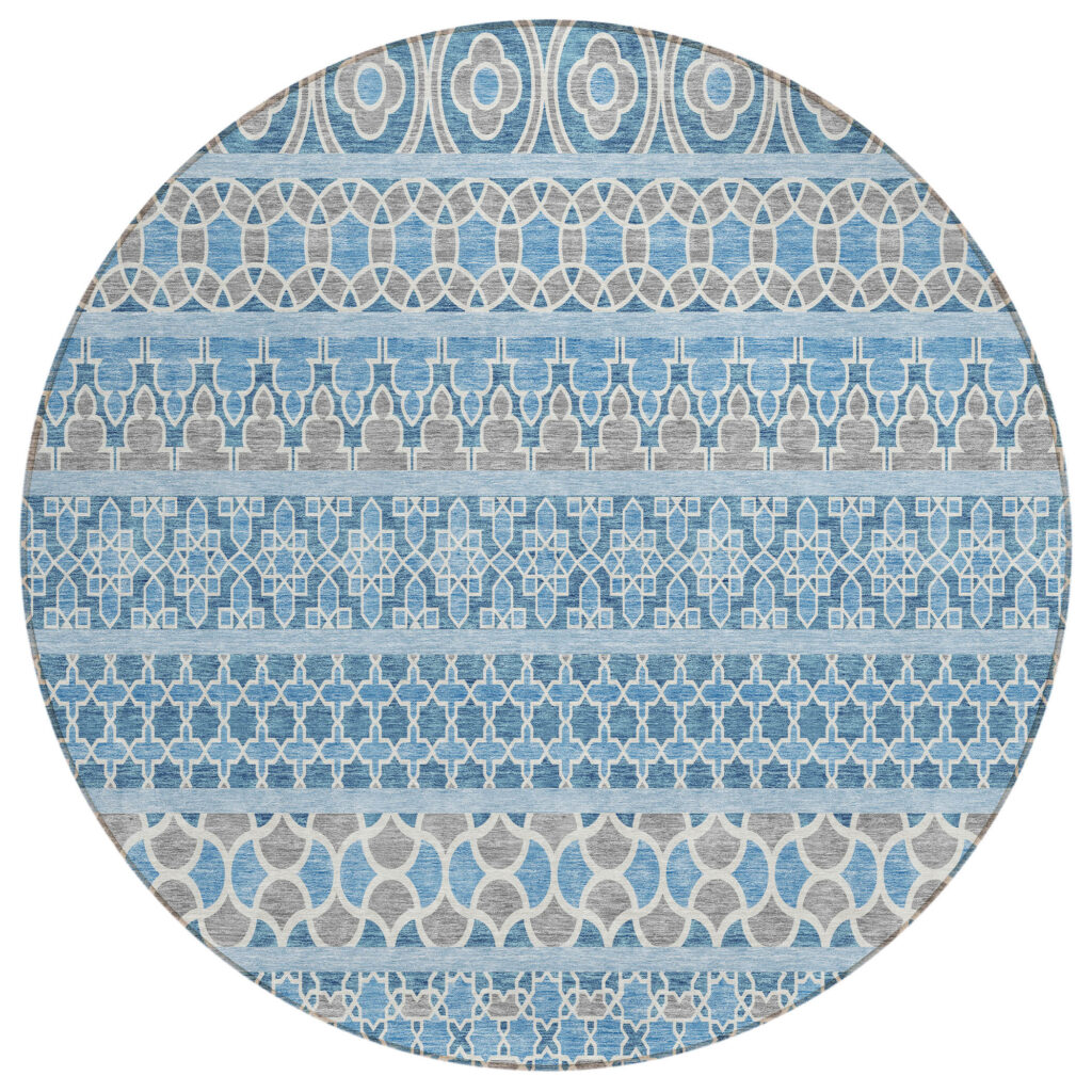 8' Sky Blue And Denim Blue Round Quatrefoil Washable Indoor Outdoor Area Rug