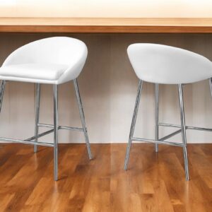 Set of Two 24" White and Silver Metal Low Back Bar Chairs