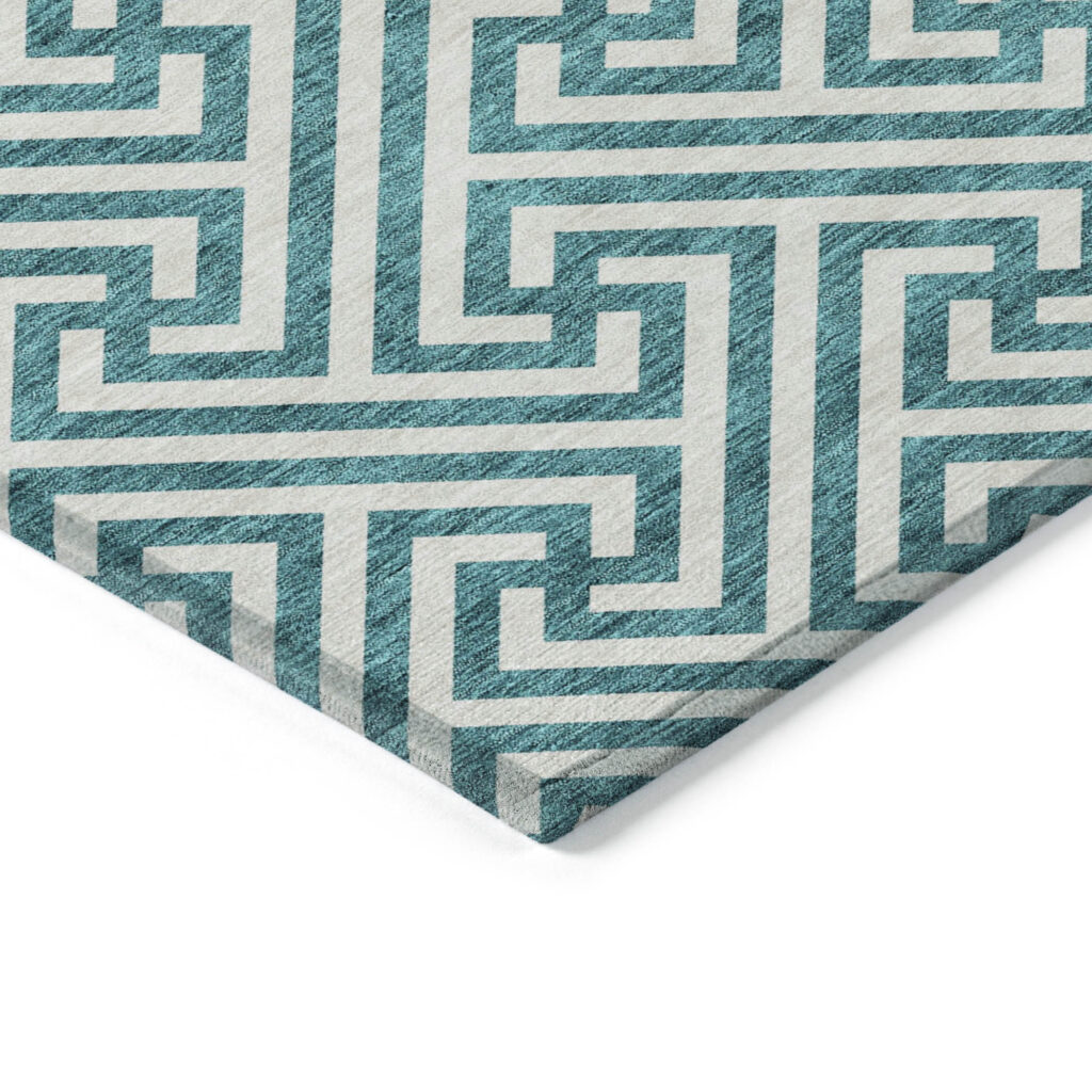 8' Teal Blue And Ivory Round Geometric Washable Indoor Outdoor Area Rug