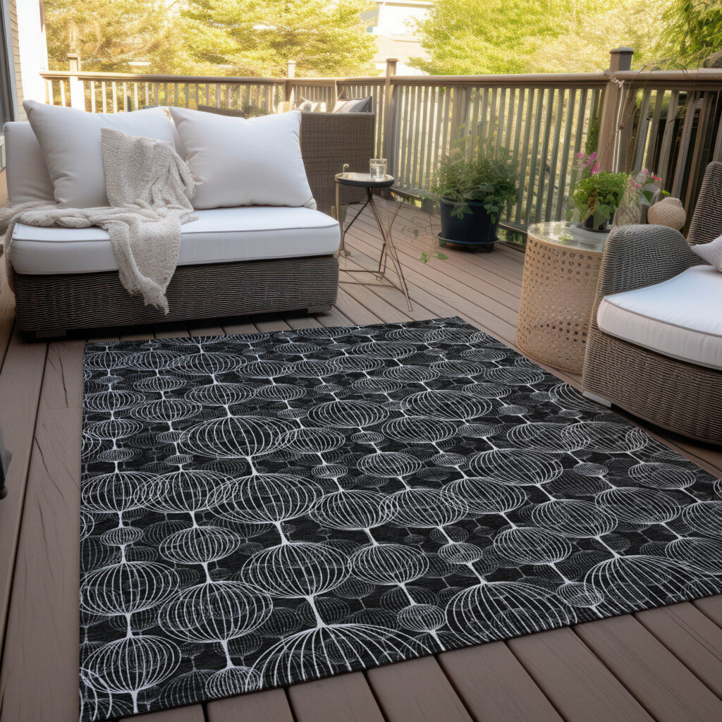 8' X 10' Black Charcoal And Ivory Geometric Washable Indoor Outdoor Area Rug