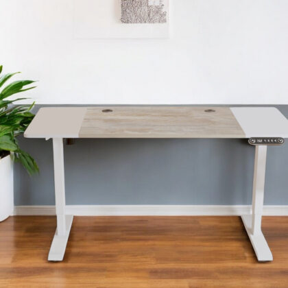 Adjustable White And Natural and White Wood and Stainless Steel Rolling Computer Desk