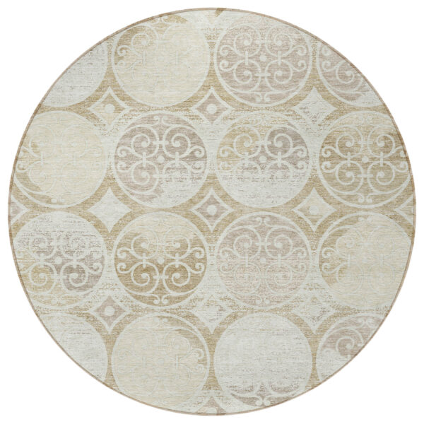 8' Ivory Beige And Taupe Round Trellis Washable Indoor Outdoor Area Rug